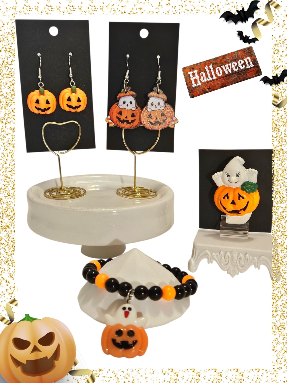 🎃 Halloween Pumpkin & Ghost Jewelry Bundle - Orange Black White